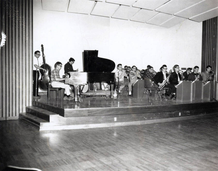 1966 photograph of Music Department. Jazz band perfoming on stage. Donor: Publications Dept. [PG1_222-040]
