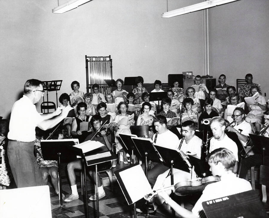 1950 photograph of Music Department. Summer school orchestra rehearsing. Donor: Publications Dept. [PG1_222-053]