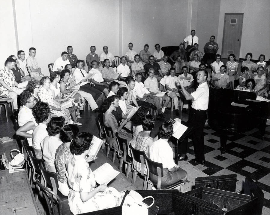 1950 photograph of Music Department. Summer school orchestra rehearsing. Donor: Publications Dept. [PG1_222-054]