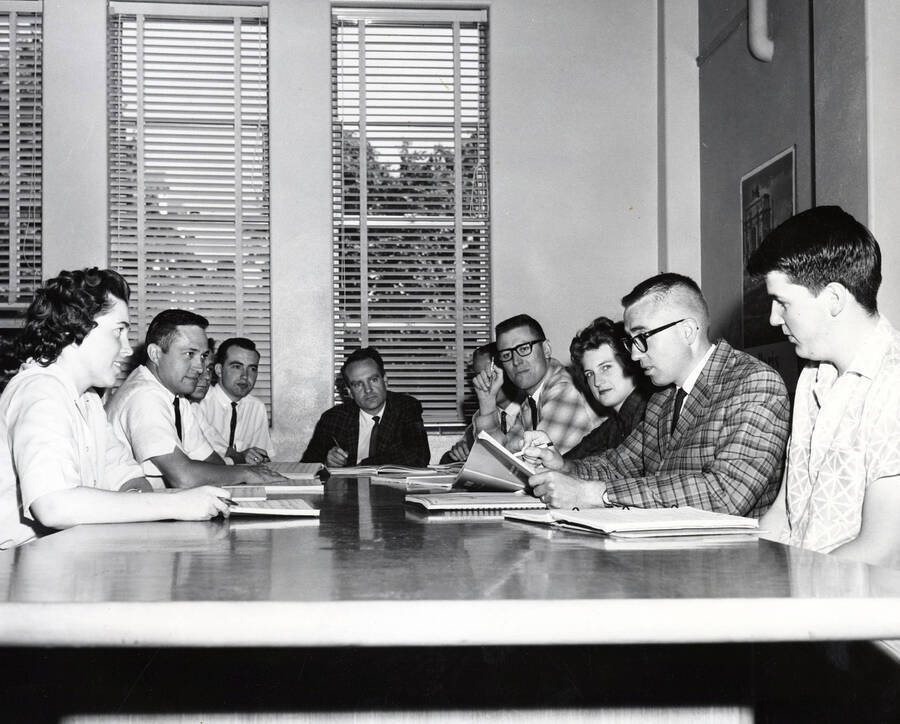 1950 photograph of Music Department. Students during music class. Donor: Publications Dept. [PG1_222-055]