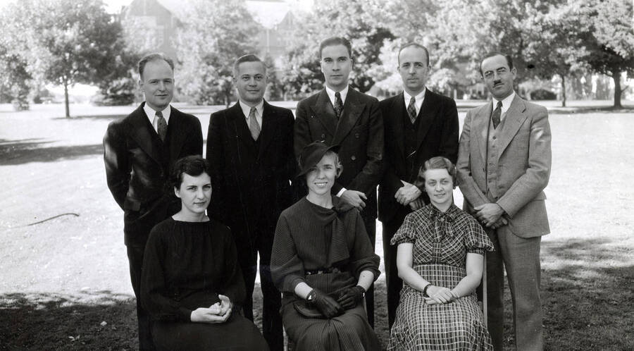 1937 photograph of Music Department. Faculty members Gildmeister, Little, Bernard; (back) Lyon, McGill, Macklin, Claus, and Jones. [PG1_222-008]