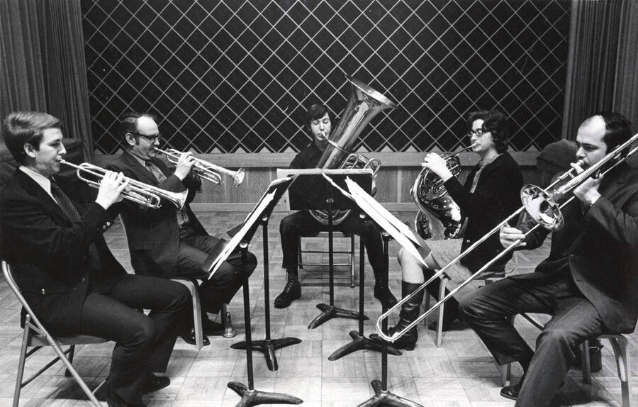 1964 photograph of Music Department. University of Idaho Brass Quintet performing. [PG1_222-087]