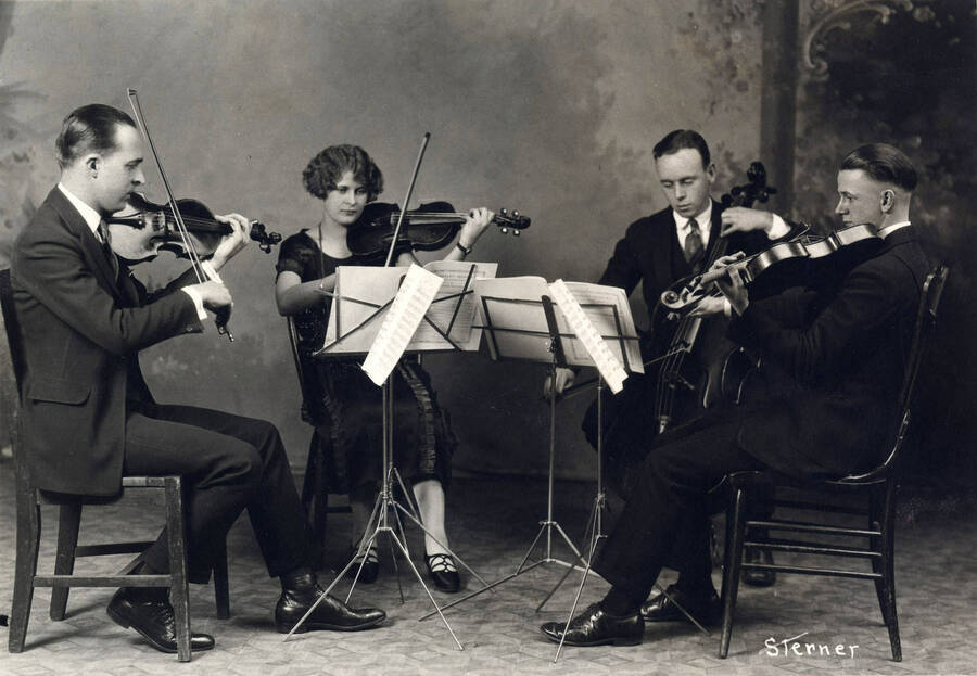 1926 photograph of Music Department. String quartet Carl Claus, Helen May Woods, Robert Reed, and Herman Steffens. [PG1_222-009]