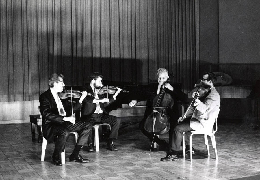 1971 photograph of Music Department. Music Faculty String Quartet LeRoy Bauer, Brice Farrar, David J. Tyler, W. and Howard Jones. [PG1_222-090]