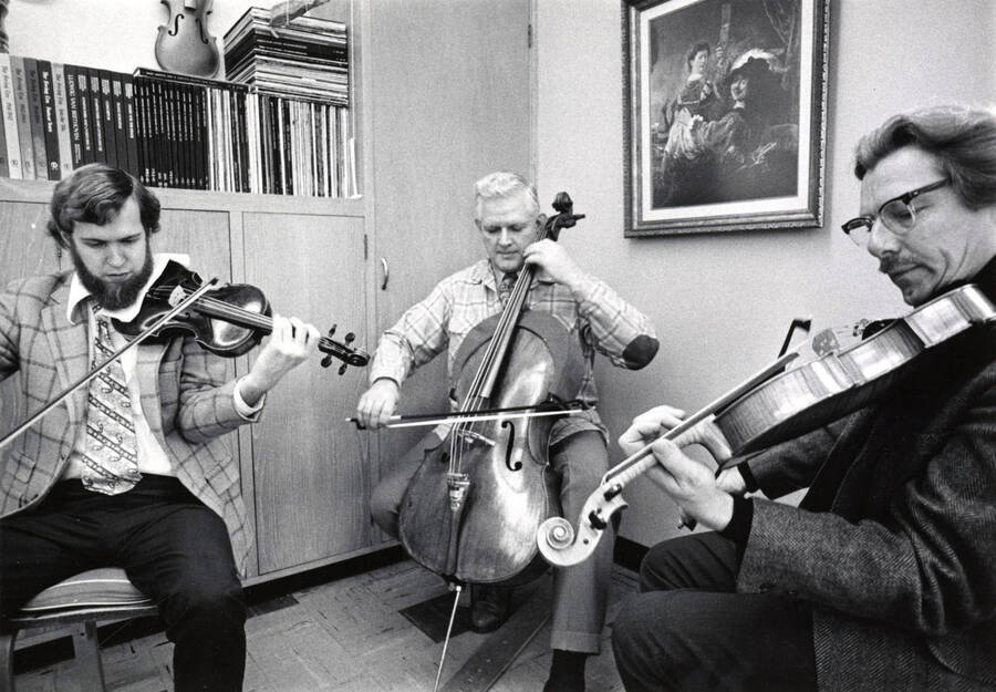 1973 photograph of Music Department. Idaho Trio Brice Farrar, W. Howard Jones, and LeRoy Bauer. [PG1_222-091]