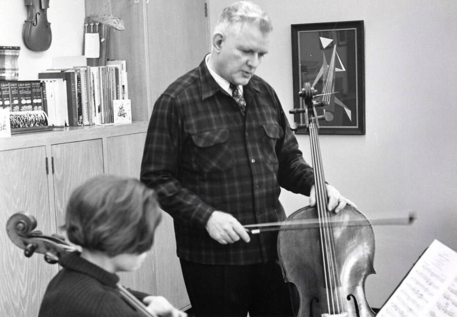 1970 photograph of Music Department. W. Howard Jones with a cello. [PG1_222-092]