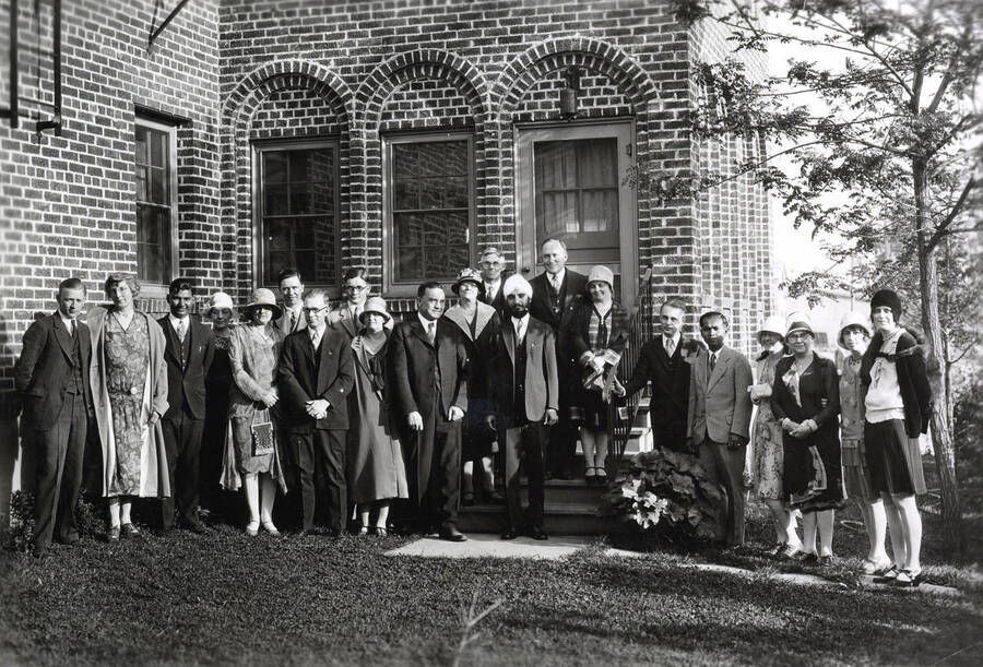 1929 photograph of College of Mines. A group photo taken outside Mines building featuring Hardit Singh Dillon. Donor: Mrs. F.B. Laney? [PG1_223-24]