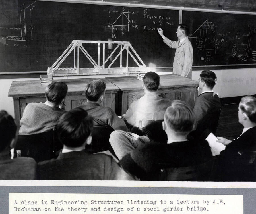 1933 photograph of College of Engineering. Instructor J.E. Buchanan teaching engineering structures class. [PG1_224-25]