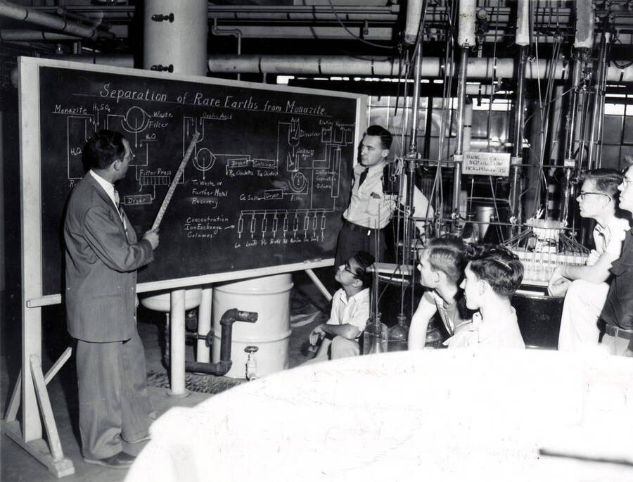 1955 photograph of College of Engineering. A professor uses a blackboard suring a lecture. [PG1_224-31]