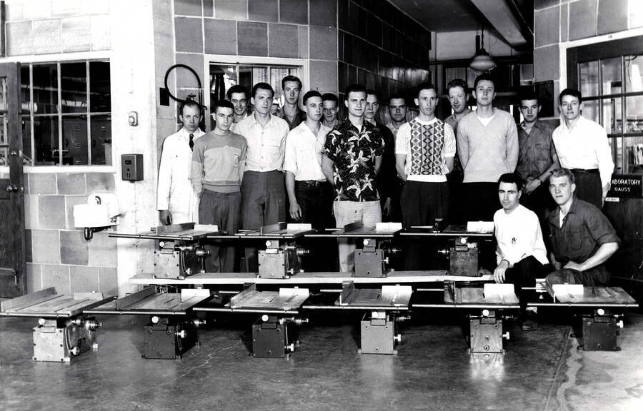 1952 photograph of College of Engineering. Students in the Mechanical Tool lab II. Donor: Publications Dept. [PG1_224-41]