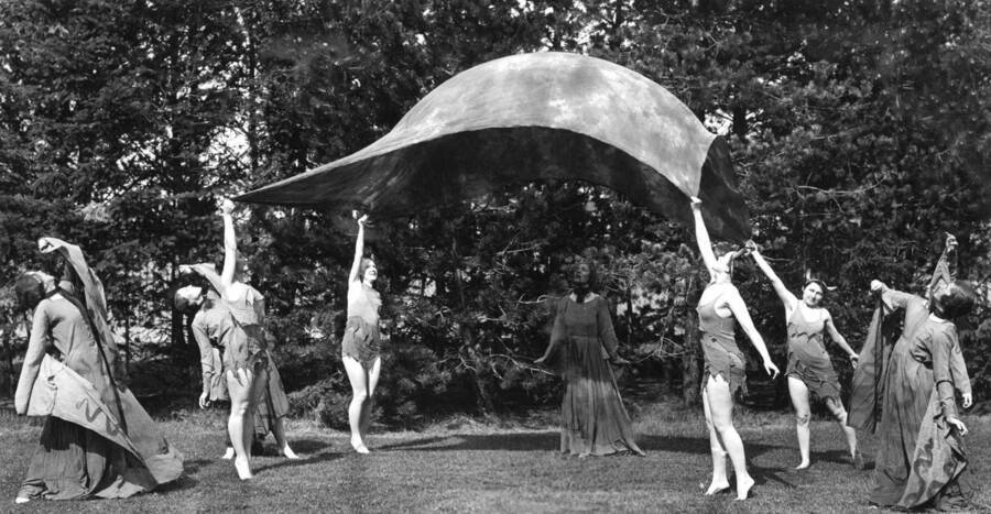 1932 photograph of Physical Education. Taps and Terps performing a dance piece. [PG1_231-15a]