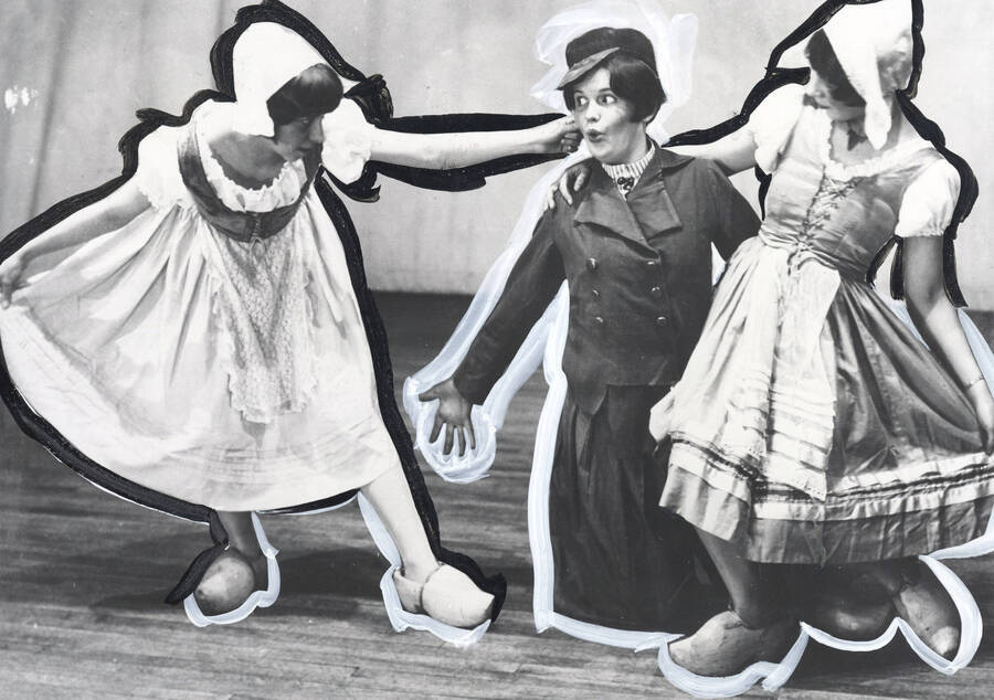 1933 photograph of Physical Education. Taps and Terps perfomring a Dutch dance. Print heavily retouched. [PG1_231-09]
