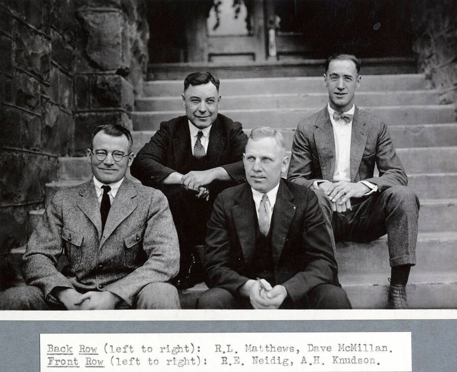 1923 photograph of Athletics. l-r: (front) R.E. Neidig, A.H. Knudson; (back) R.L. Mathews, Dave McMillan. [PG1_235-01]