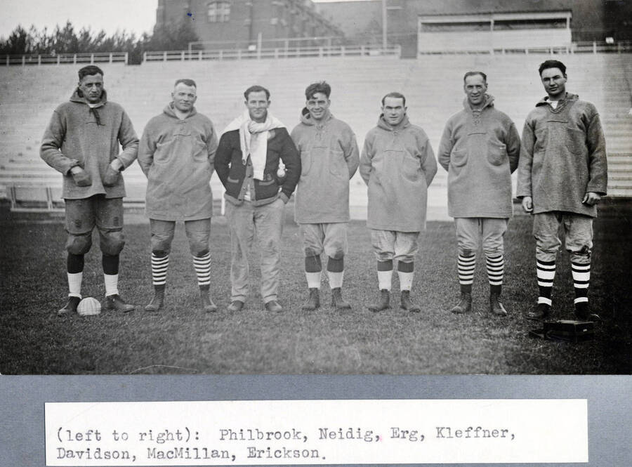 1927 photograph of Athletics. l-r: Philbrook, Neidig, Erb, Kleffner, Davidson, MacMillan, Erickson. [PG1_235-03]