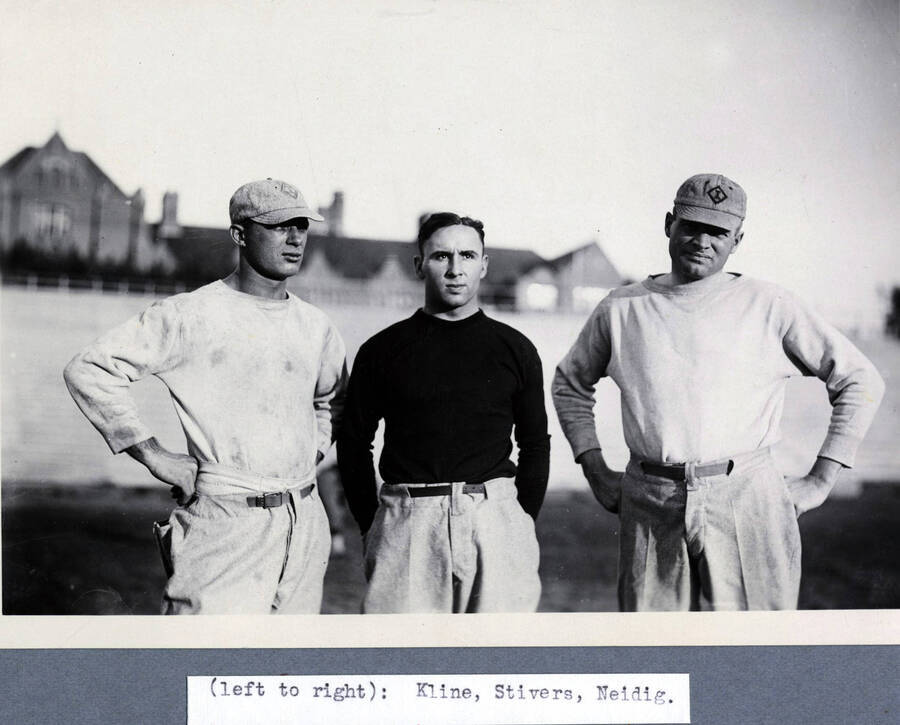 1927 photograph of Athletics. l-r: Morris 'Dusty' Kline, Stivers, Neidig. [PG1_235-04]