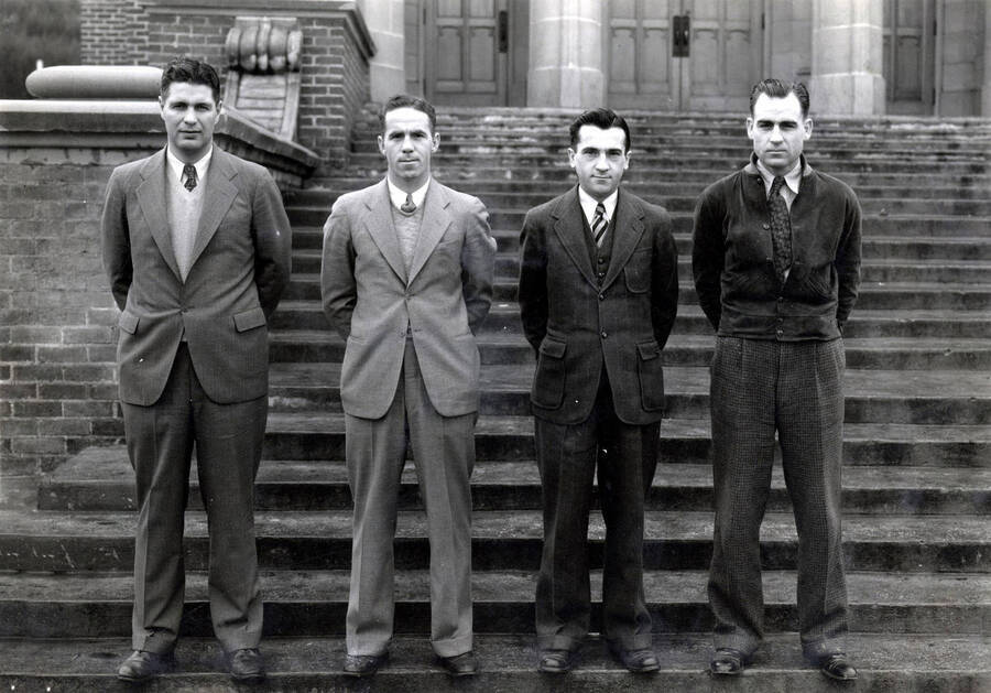 1935 photograph of Athletics. l-r: Leo Calland, Glenn Jacoby, Richard Fox, Otto Anderson. [PG1_235-06]