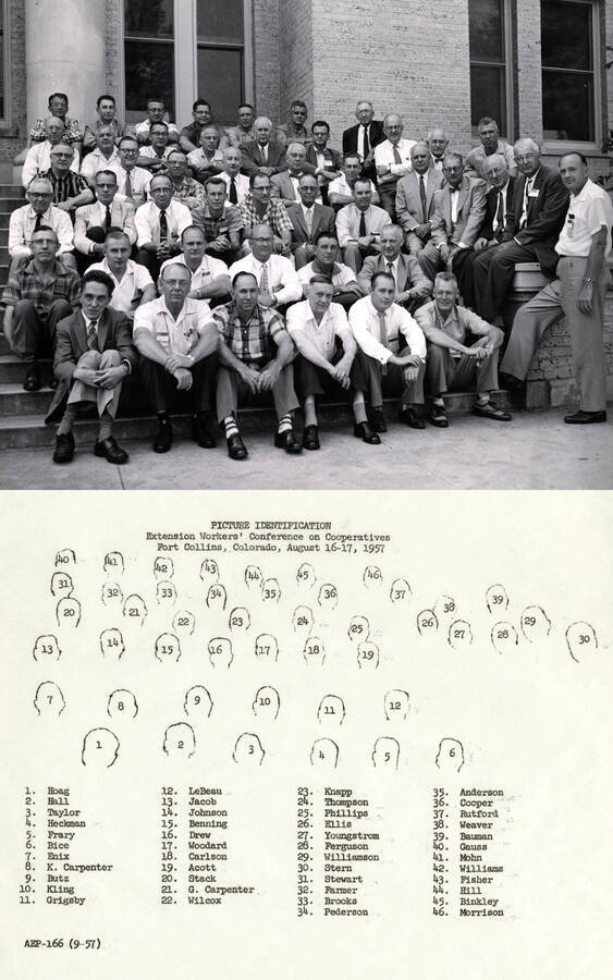 1957 photograph of Agricultural Extension Service. Conference group photograph. Credit: Colorado State University Photograph. Donor: University of Idaho Cooperative Extension System. [PG1_237-9]