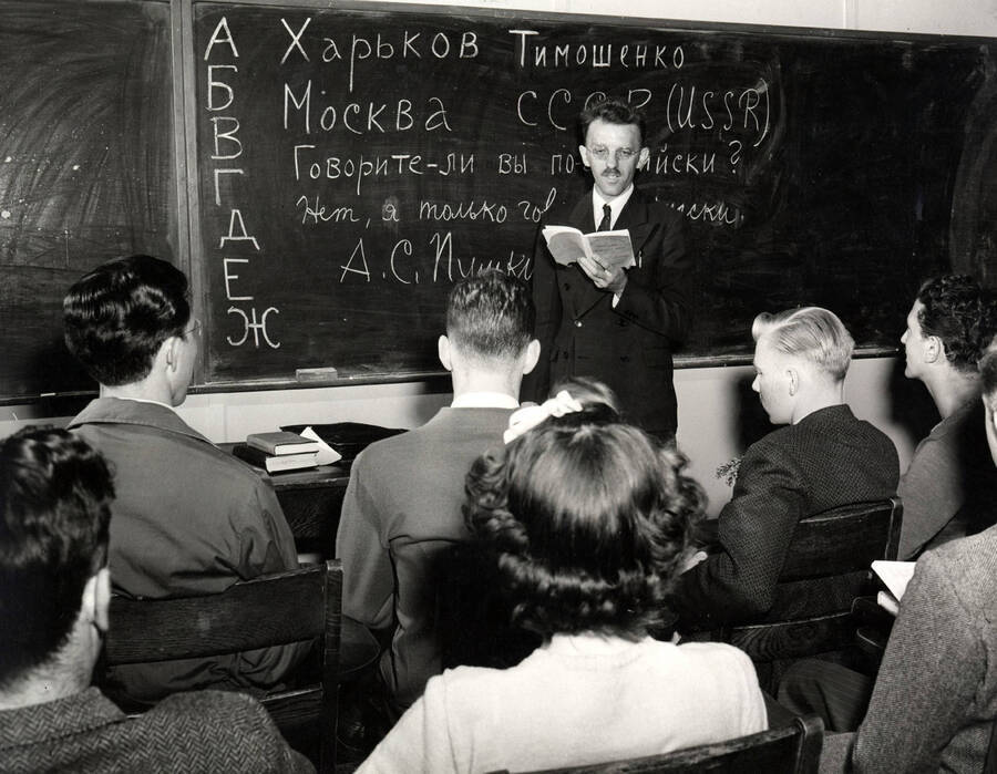 1942 photograph of Russian Class. A. Gerhard Wiens lecturing Russian language class. [PG1_240-01]