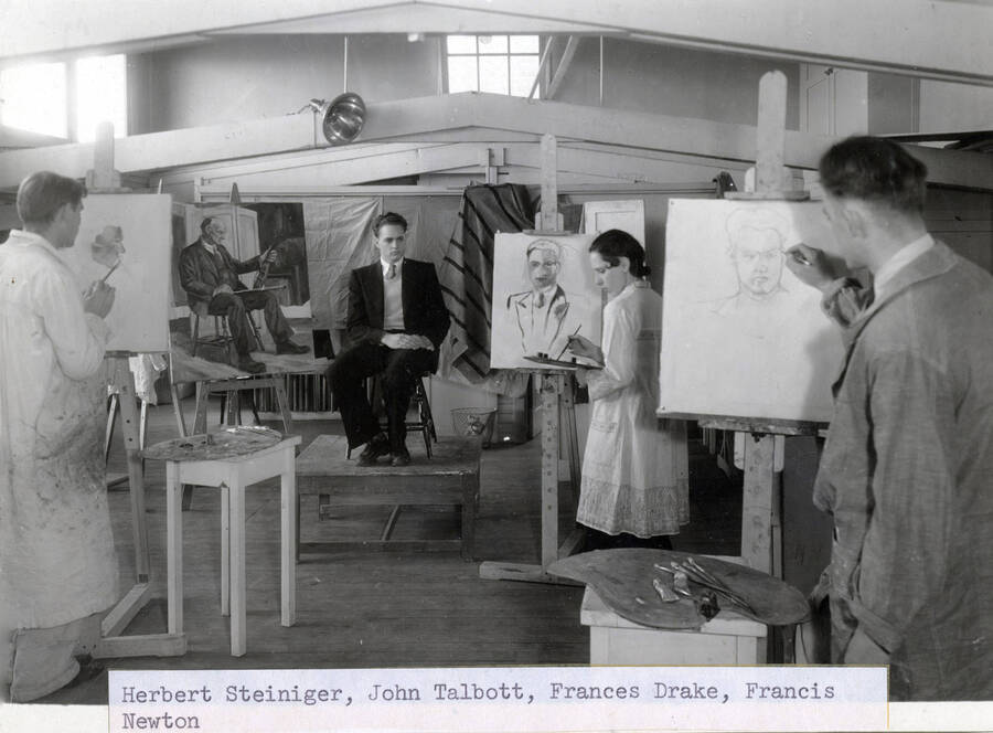 1942 photograph of Art and Architecture. Herbert Steiniger, John Talbott, Frances Drake, and Francis Newton in a life study class. Donor: Publications Dept. [PG1_241-29]