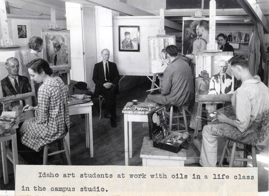 1942 photograph of Art and Architecture. Students painting suring a life study class. Donor: Publications Dept. [PG1_241-30]