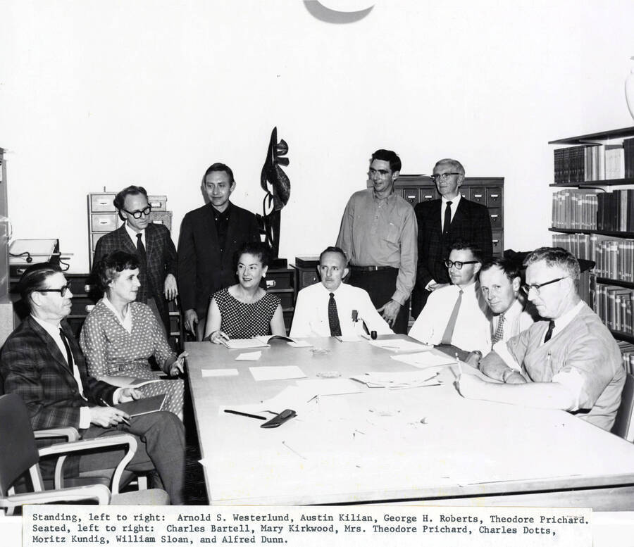1966 photograph of Art and Architecture. Charles Bartell, Mary Kirkwood, Arnold S. Westerlund, Austin Kilian, Mrs. Theodore Prichard, Charles Dotts, George H. Roberts, Theodore Prichard, Moritz Kundig, William Sloan, and Alfred Dunn. Donor: Publications Dept. [PG1_241-34]