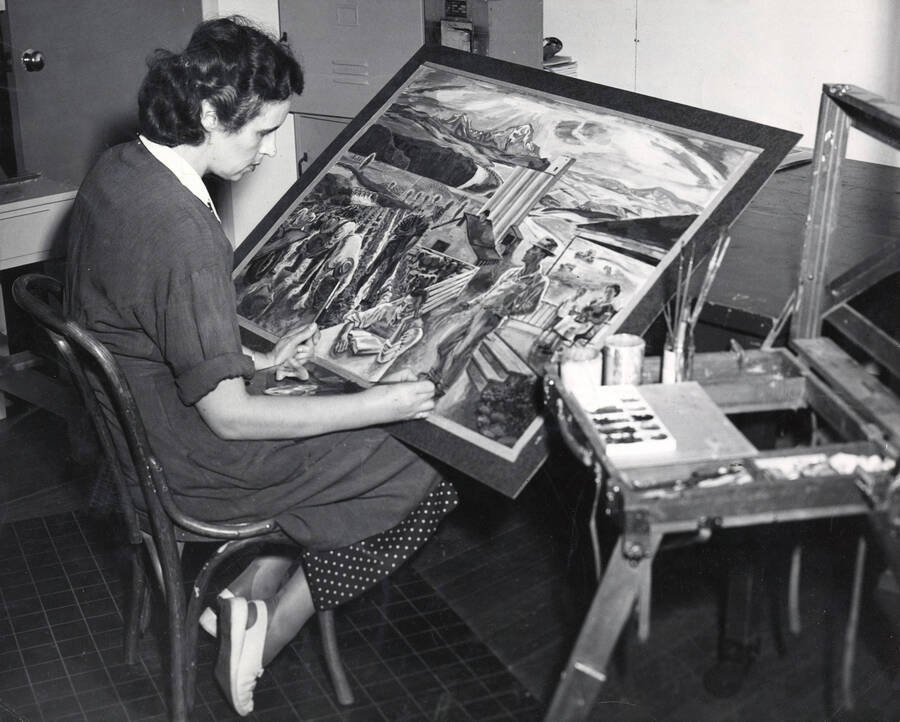 1970 photograph of Art and Architecture. Mary Kirkwood painting in a studio. Donor: Publications Dept. [PG1_241-37]