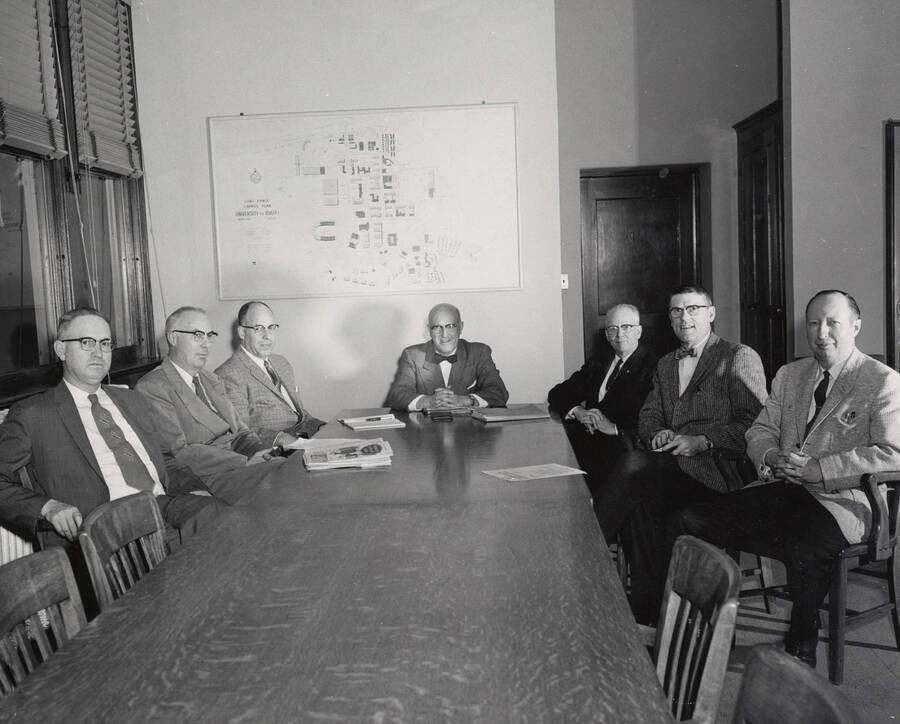 1959 photograph of Administrative Executive Committee. James Kraus, L.C. Cady, Kenneth A. Dick, D.R. Theophilus, H. Walter Steffans, Charles O. Decker, and Rafe Gibbs. Donor: Publications Dept. [PG1_245-01]