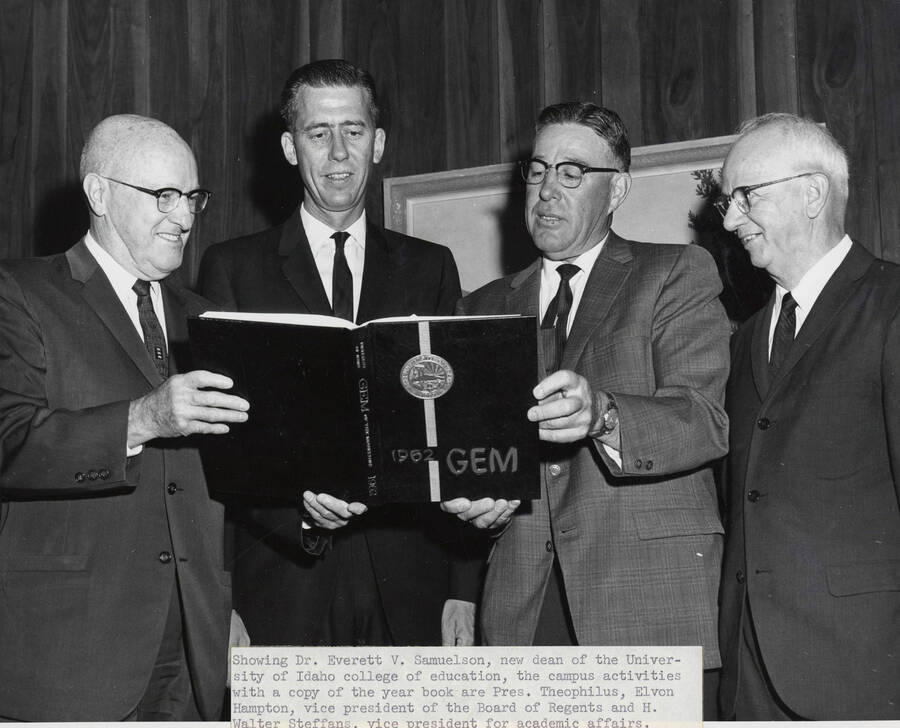 1963 photograph of Administrative Executive Committee. President Theophilus, Dean Everett V. Samuelson, Regent Elvon Hampton, and Vice-President Walter Steffans Donor: Publications Dept. [PG1_245-05]