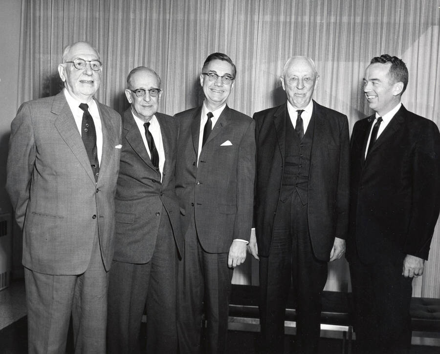 1964 photograph of 75th Anniversary. Homer David, Howard David, Dr. L.H. Chamberlain, Earl David, and James H. Roper. [PG1_246-25]