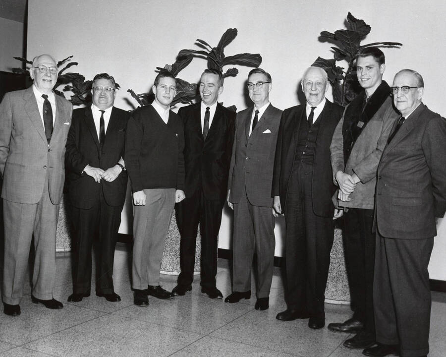 1964 photograph of 75th Anniversary. Homer David, Gale Mix, James H. Roper, Dr. L.H. Chamberlain, Earl David, unidentified, and Howard David. [PG1_246-26]