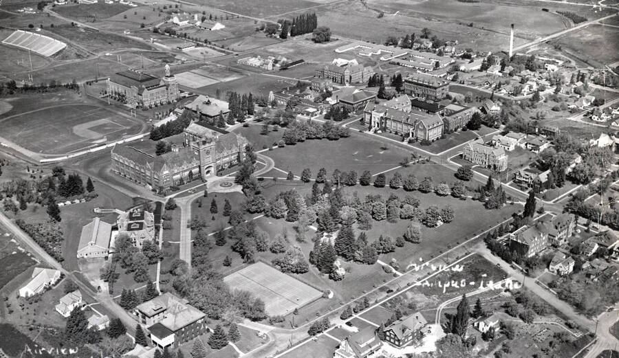 1930 photograph of University of Idaho campus. Aerial view shows baseball diamond in back of Gym. Donor: Publications Dept. [PG1_003-22]