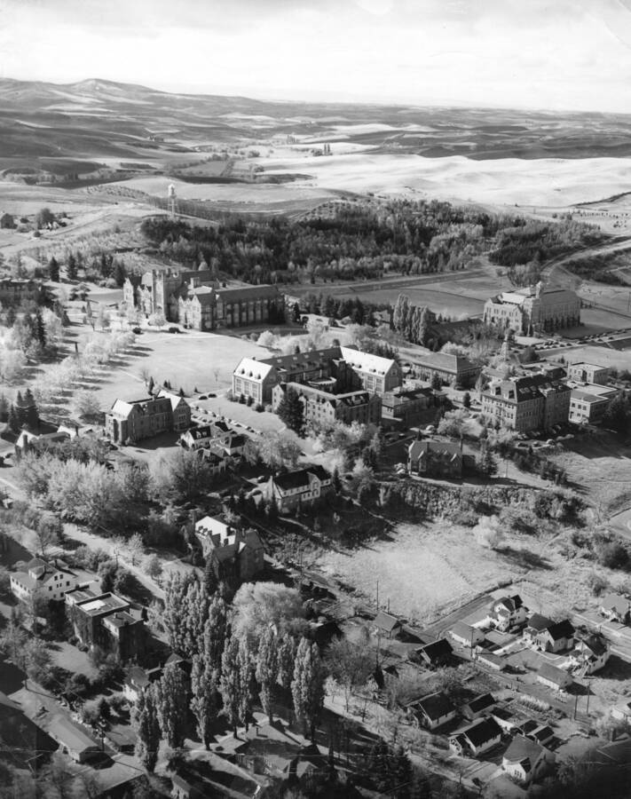 1930 photograph of University of Idaho campus. Aerial view shows southwest section of campus. [PG1_003-24]