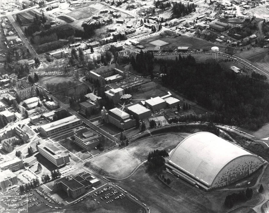 1976 photograph of University of Idaho campus. Aerial view shows Kibbie Dome. Donor: Joe Ulliman. [PG1_003-38]