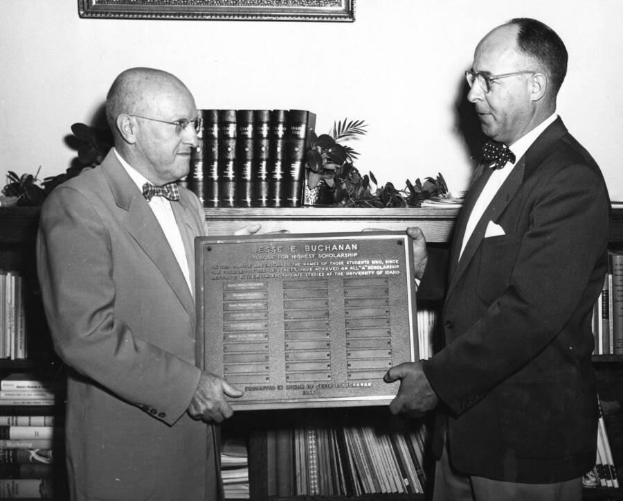 1955 photograph of Gifts. l-r: President Theophilus, Kenneth Dick. Donor: Publications Dept. [PG1_400-34]