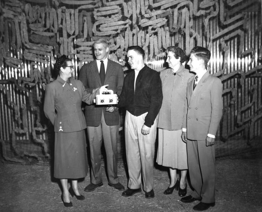 1945 photograph of Gifts. Presentation of sound box to drama department by Potlatch High School. Donor: Publications Dept. [PG1_400-37]