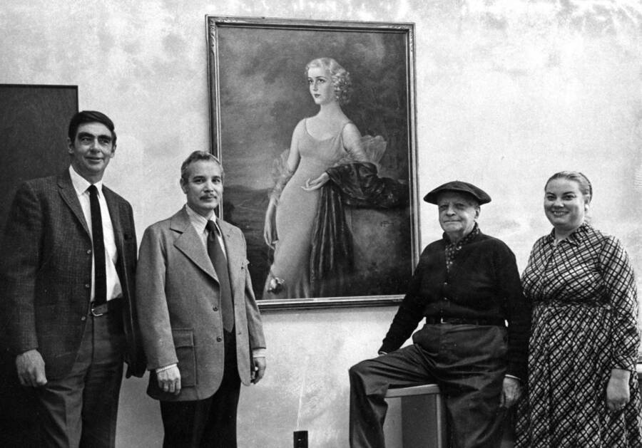 1974 photograph of Gifts. l-r: George Roberts, Edmund Chavez, artist Pierre Tartoue, Mrs. Tartoue. [PG1_400-47]
