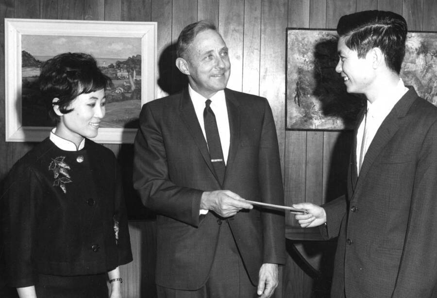1969 photograph of Gifts l-r: Mrs. Su-Chin Lin, Ernest W. Hartung, Shang-jau Wang. [PG1_400-49]