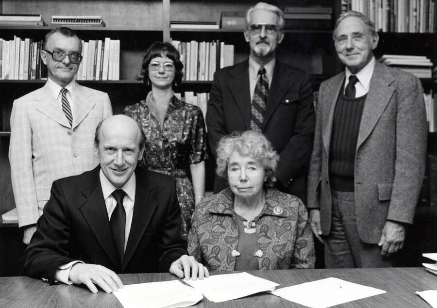 1980 photograph of Gifts. l-r: (back) Ralph Nielsen, Judith Nielsen, Warren Owens, Ernest Hartung; (front) Richard Gibb, and Ella Oleson. Donor: Ralph Nielsen. [PG1_400-52c]