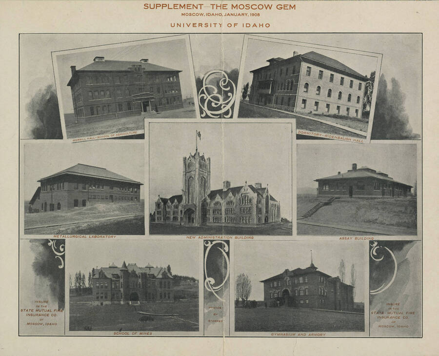 1908-01-01 photograph of University of Idaho campus. Collage depicting campus buildings. [PG1_005-01]