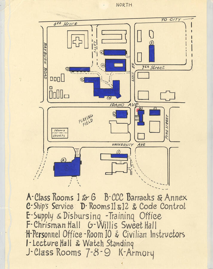 1945 University of Idaho campus (Illustration, Drawing or Map). Map of the buildings occupied by U.S. Navy, by H.C.D. [PG1_005-05]