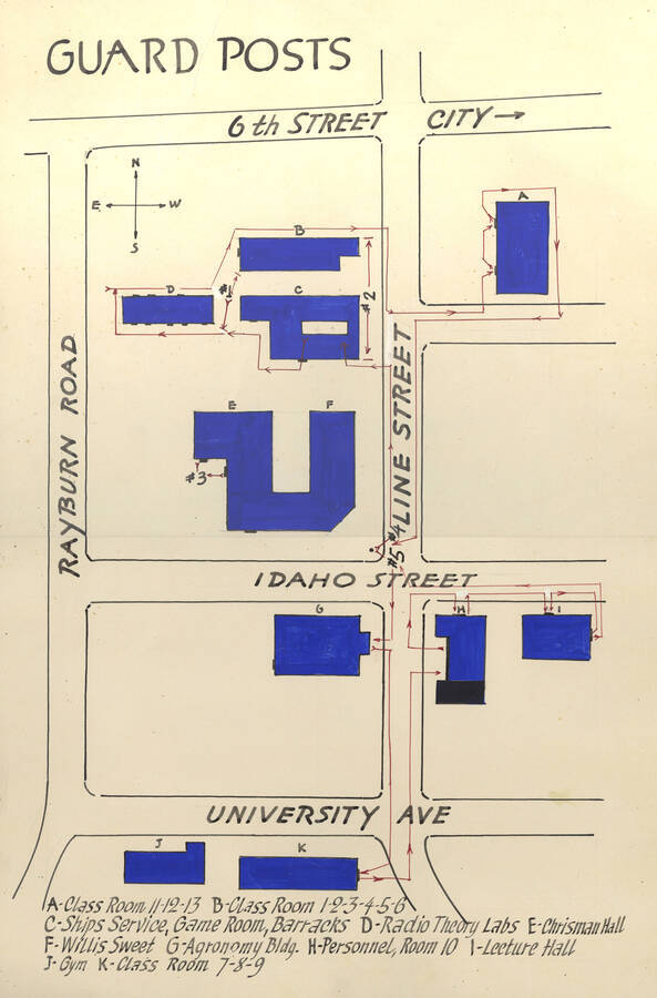 1945 University of Idaho campus (Illustration, Drawing or Map. Map of the buildings occupied by U.S. Navy. [PG1_005-06]