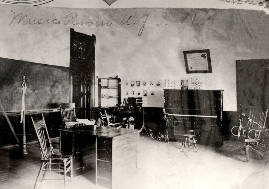 1897 photograph of Administration Building. View of the music room in the old Administration. [PG1_51-23]