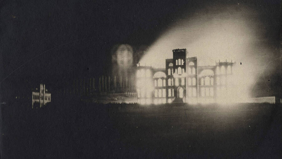 1906-03-30 photograph of Administration Building. View of the old administration Building on fire. [PG1_51-24]