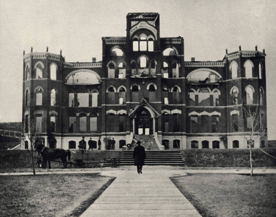 1906 photograph of Administration Building. View of the old administration Building after the fire. [PG1_51-28]