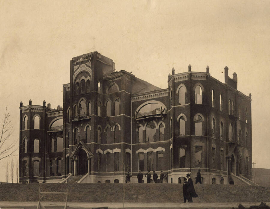 1906 photograph of Administration Building. View of the old administration Building after the fire. [PG1_51-31]