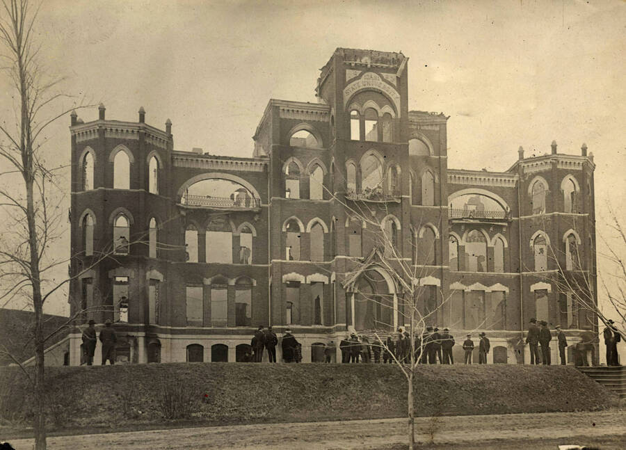 1906 photograph of Administration Building. View of the old Administration building after the fire. [PG1_51-36]