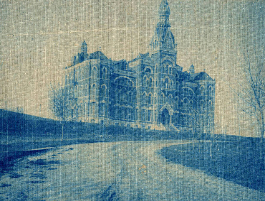 1903 photograph of Administration Building. Photograph printed in blue ink on fabric. [PG1_51-37]