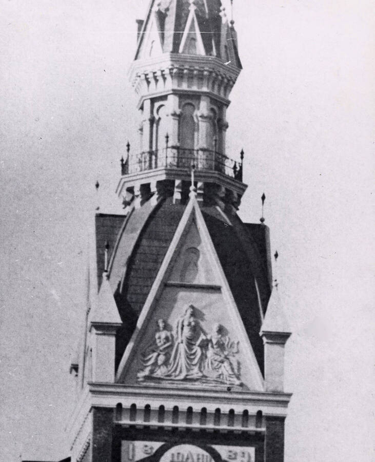 1900 photograph of Administration Building. View of the old Administration building tower relief. [PG1_51-45]