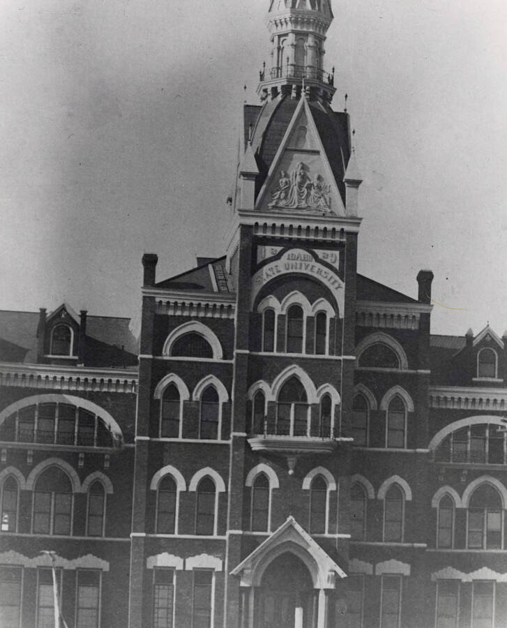 1900 photograph of Administration Building. View of the old Administration building tower relief. [PG1_51-46]