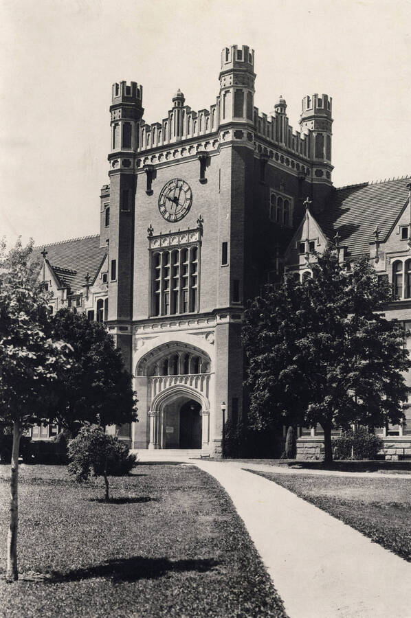 1935 photograph of Administration Building. View of the clock tower. [PG1_52-117]